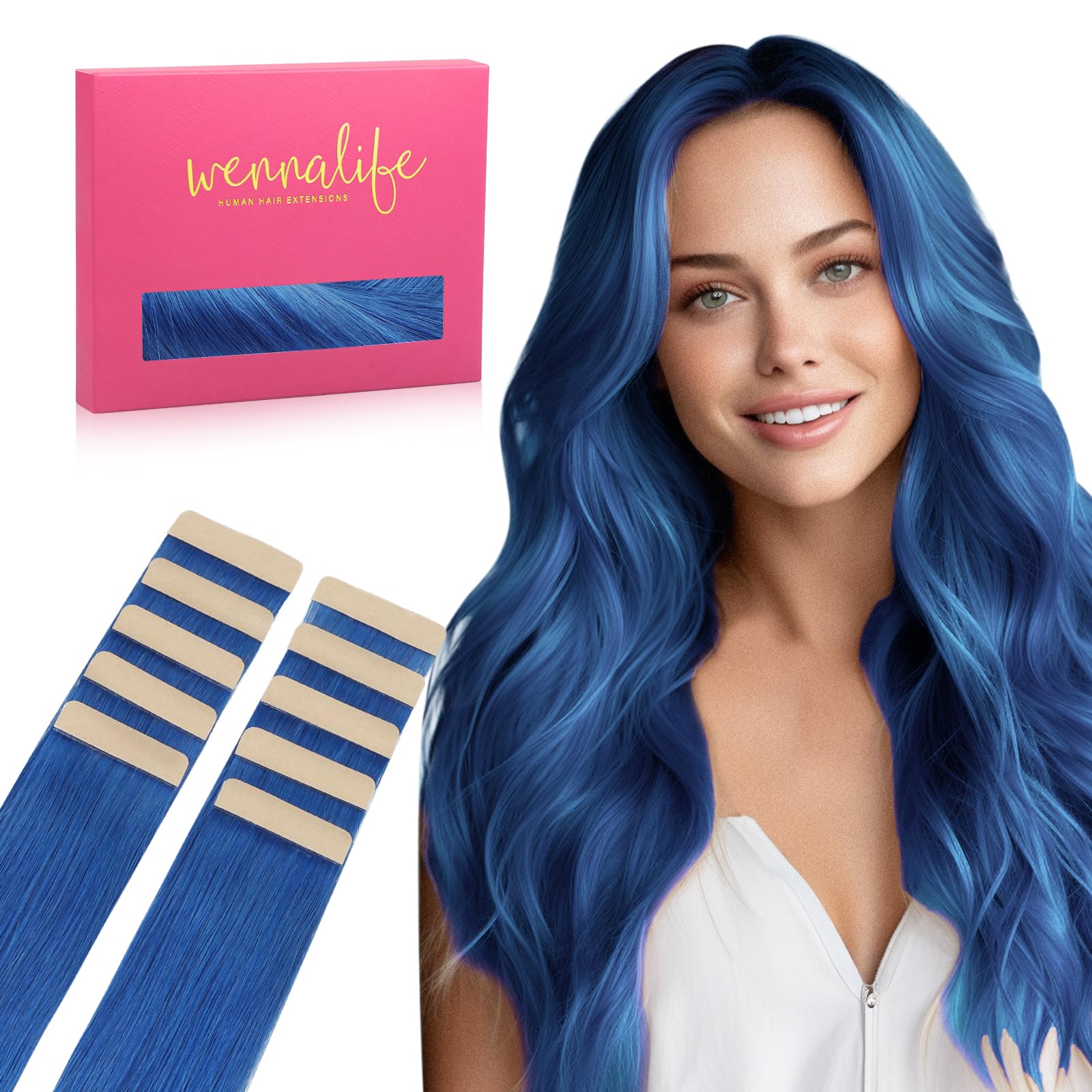 WENNALIFE Tape in Hair Extensions Human Hair, 16inch 10pcs 25 Blue Real Human Hair Tape Extensions — image 1