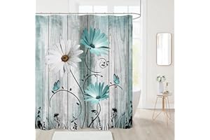 Nuseiis Teal and Daisy Shower Curtains, Watercolor Rustic Floral Waterproof Fabric Wildflower Bathroom Shower Curtain with 12