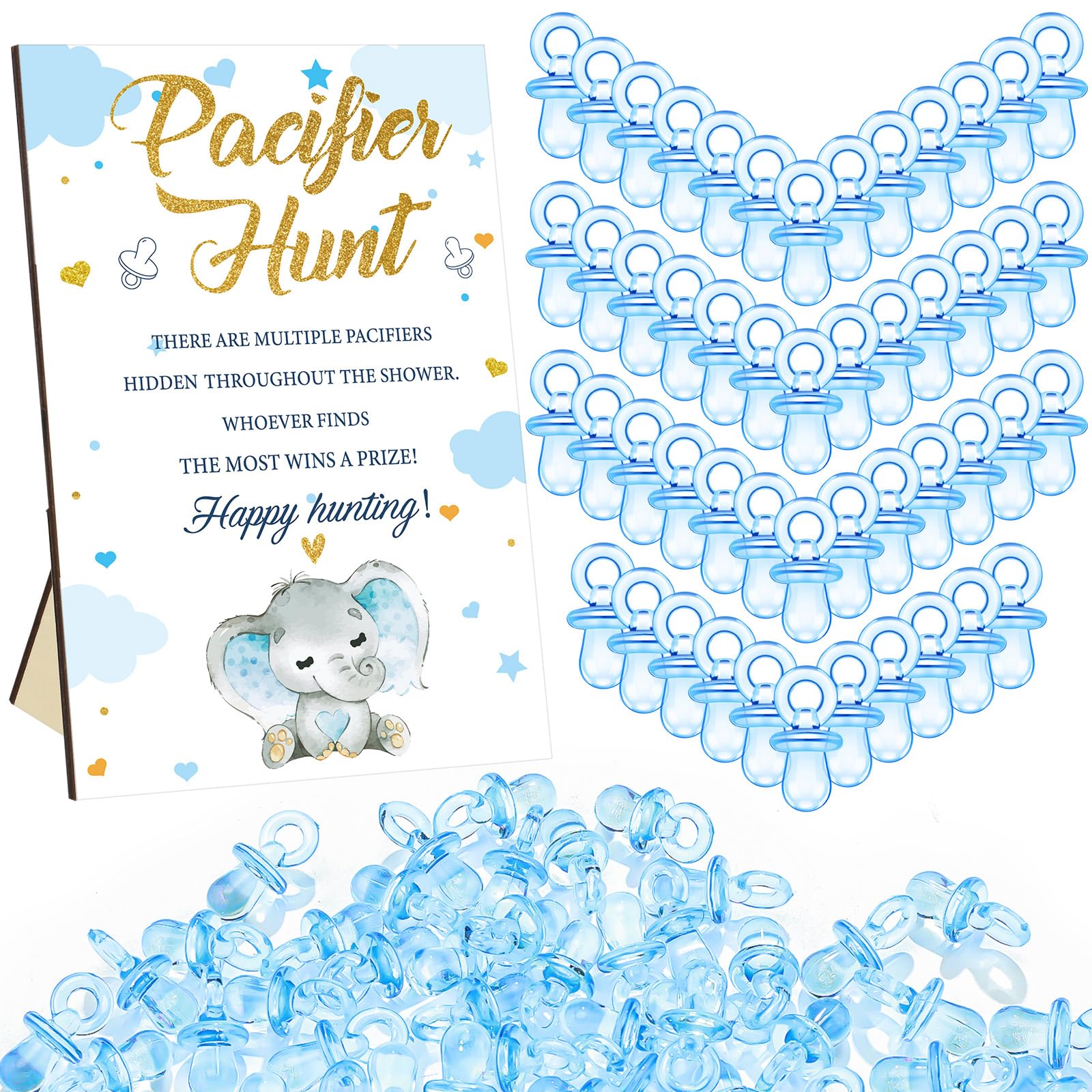 Photo 1 of Thyle 51 Pcs Pacifier Hunt Baby Shower Games Include Hunt Sign and 50 Acrylic Pacifiers for Baby Shower Game Decoration Gift Sets Gender Reveal Party Decor(Blue Elephant)