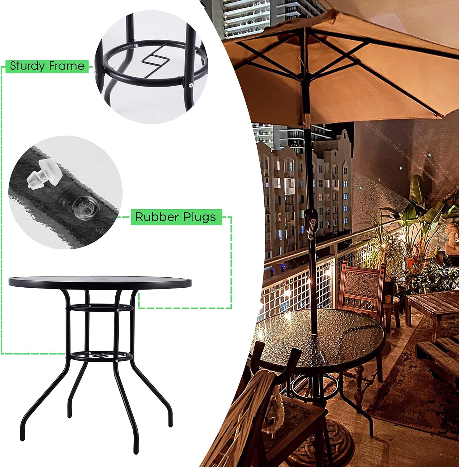 Outdoor Patio Table, 32'' Round Bistro Table with Tempered Glass Table Top and Umbrella Hole Steel Frame Outdoor Furniture Party Conversation Coffee Table for Garden Backyard Balcony Lawn: Kitchen & Dining