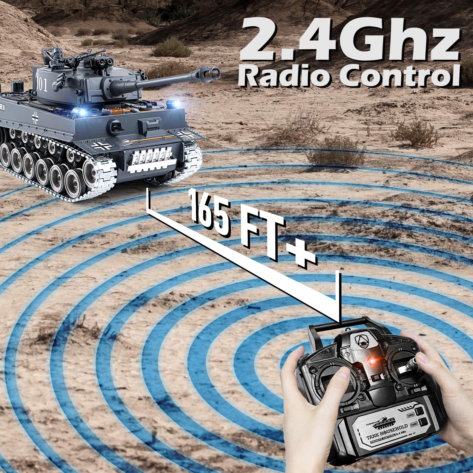 Supdex RC Tank, 1:18 Alloy Metal German Tiger I Remote Control Army Model Toys, 2.4Ghz RC Vehicle with Smoke, Sound and Lights, Military Tank That Shoots BBS and Water Bombs for Adults and Kids
