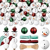 Landical 180 Piece DIY Christmas Snowman Wooden Bead Crafts Christmas DIY Ornaments Buffalo Plaid Wood Round Bead Xmas Print Wooden Beads with Twine Scarf for Crafts(Cute Color)