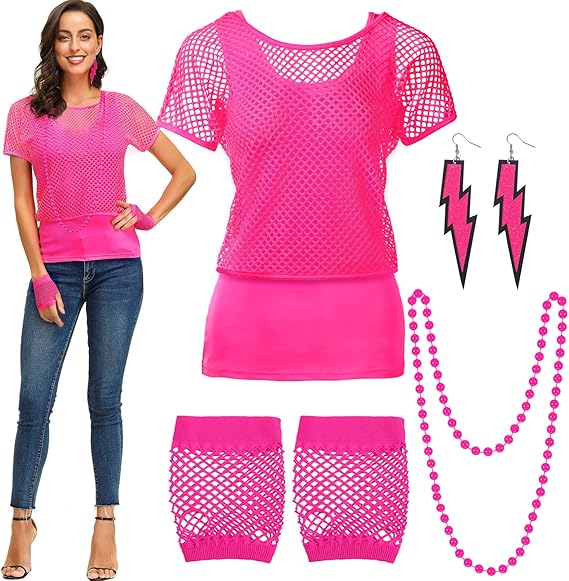 Amazon Co Jp Blulu 80年代コスチューム ローズレッド フィッシュネット オフショルダー Tシャツ タンクイヤリング ネックレス グローブ 服 ファッション小物