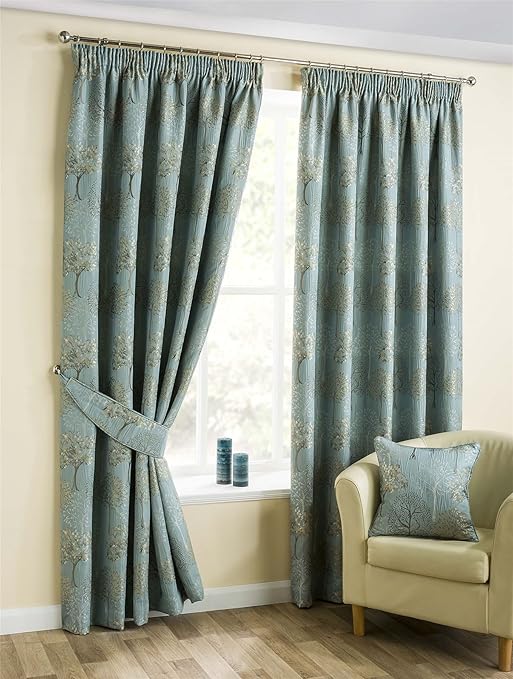 HOMESCAPES Duck Egg Blue Jacquard Pencil Pleat Lined Curtains Pair 228
