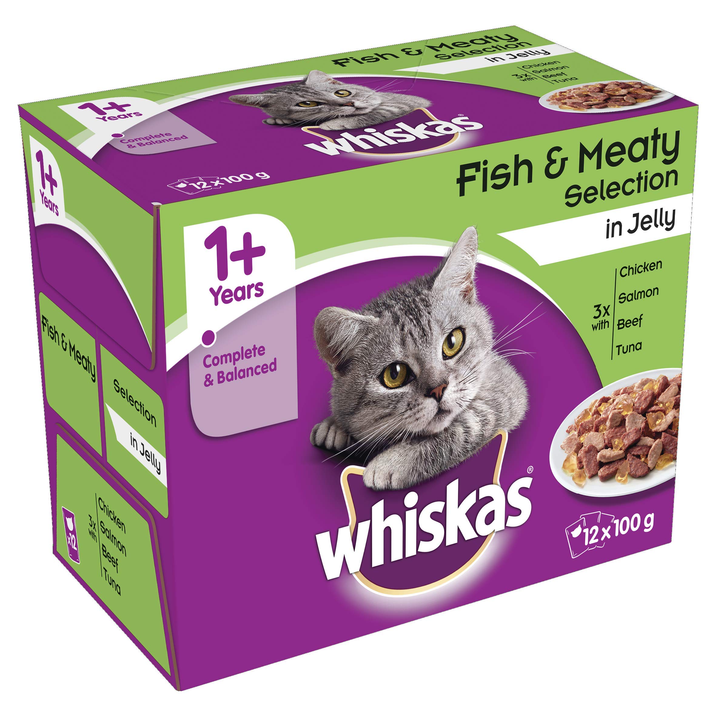 Whiskas 1+ - Wet Cats Food for Adult Cats - Fish and Meaty Selection in Jelly - 12 x 100 g
