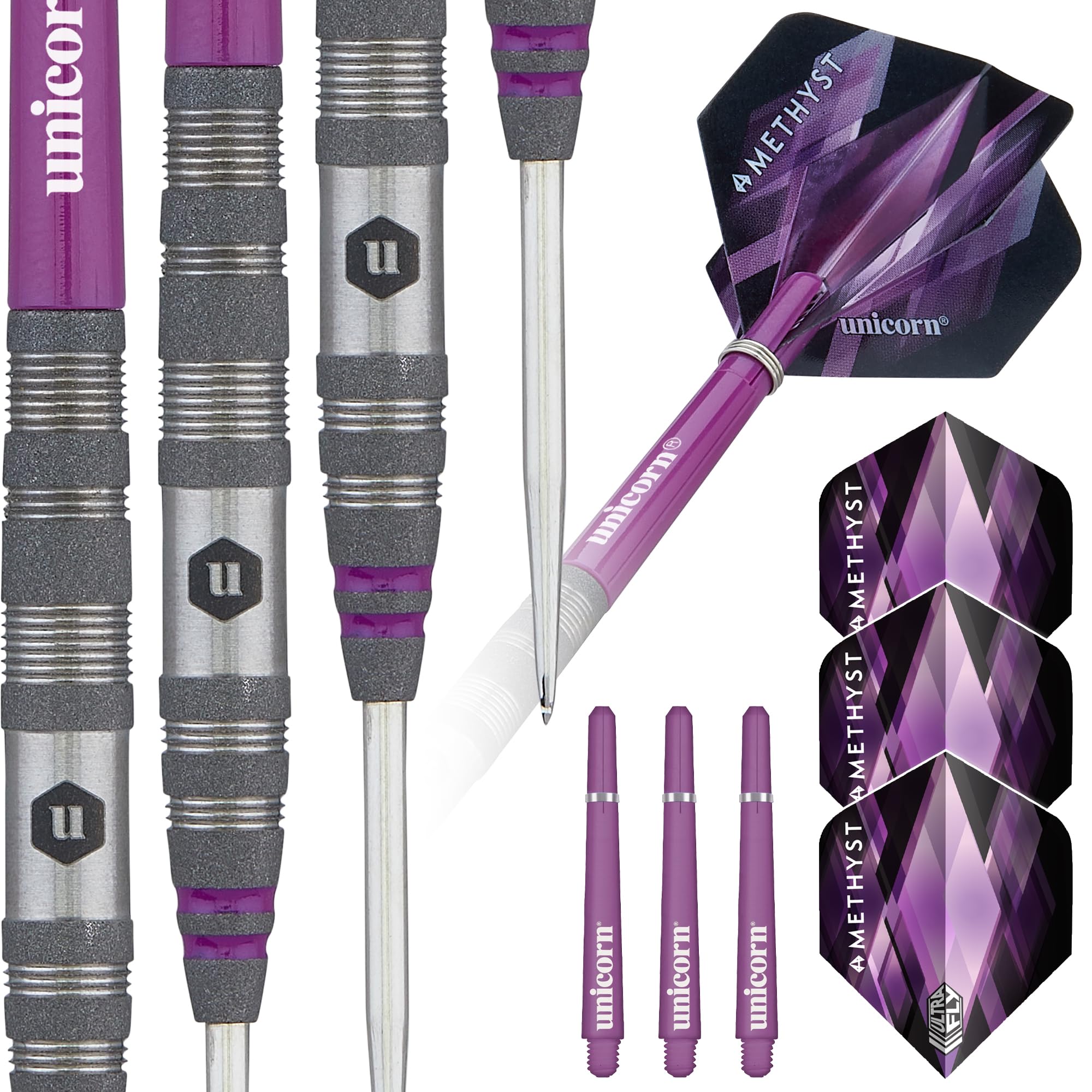 Unicorn Professional Darts Set | Amethyst 2 | 90% Natural Tungsten Barrels with Purple Accents & Laser Etched U Logo Hallmark | Steel Tip | 21 g