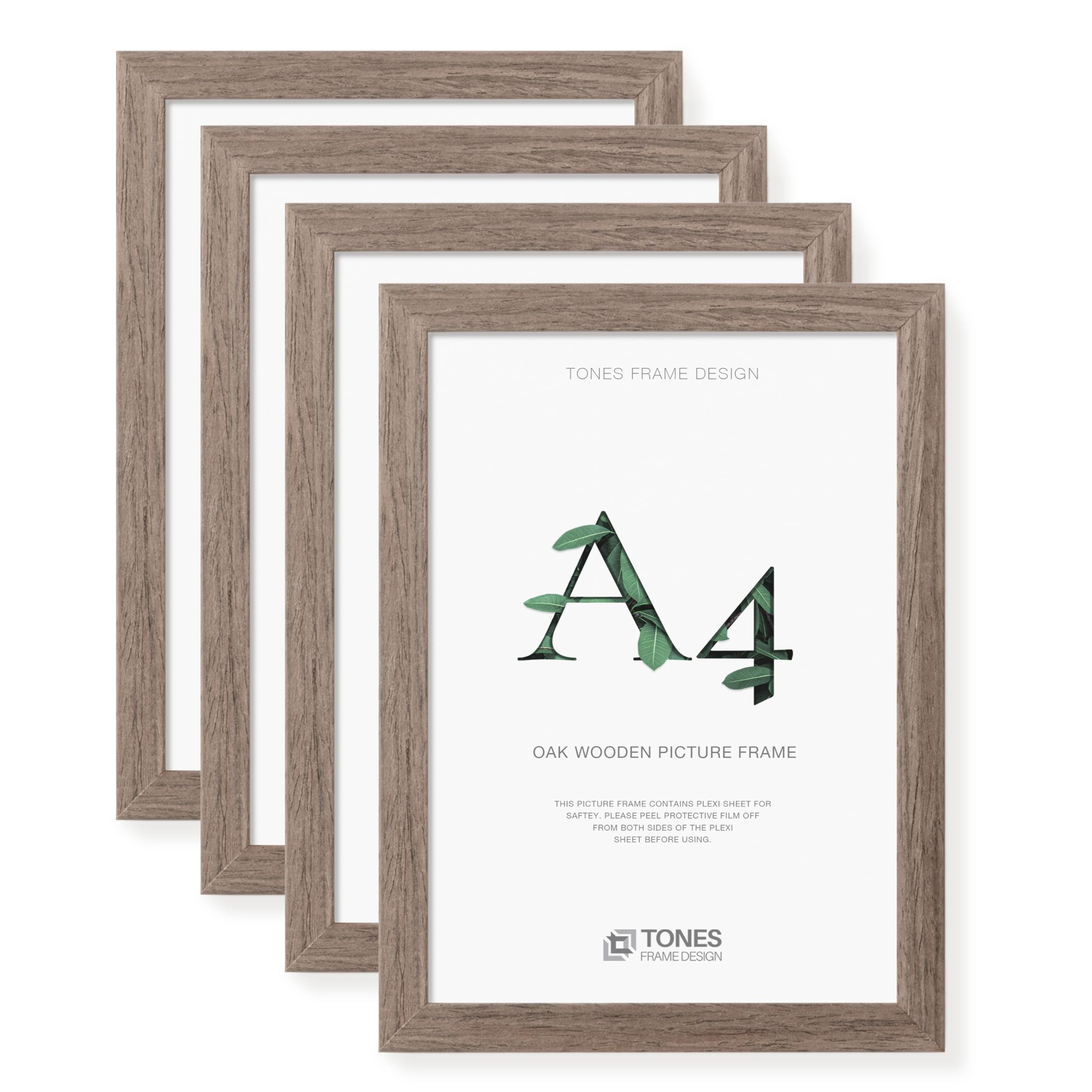 TONES FRAME DESIGN A4 Frames 4 Pack Photo Frames, 21 x 29.7 cm, Wooden Picture Frames with Brown Oak Solid Wood Veneer, Shatter-Resistant Plexiglass, Wall Frames for Portrait or Landscape, Print