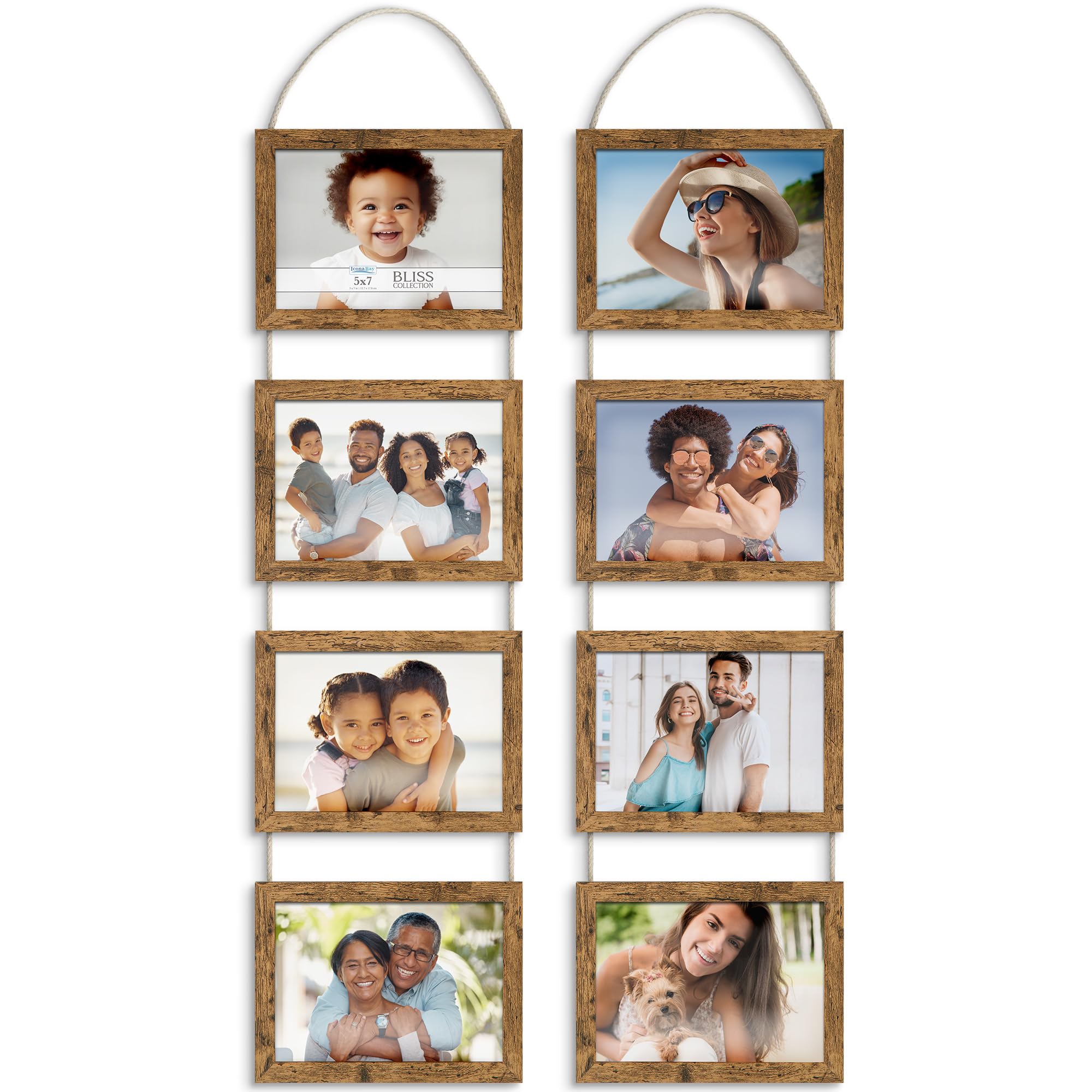 Icona Bay 7x5 Wall Hanging Picture Frames Collage w/ 8 Openings (Rustic Brown, 2 Pack), Casual Style Wood Composite Frames, Wall Mount Only, Bliss Collection