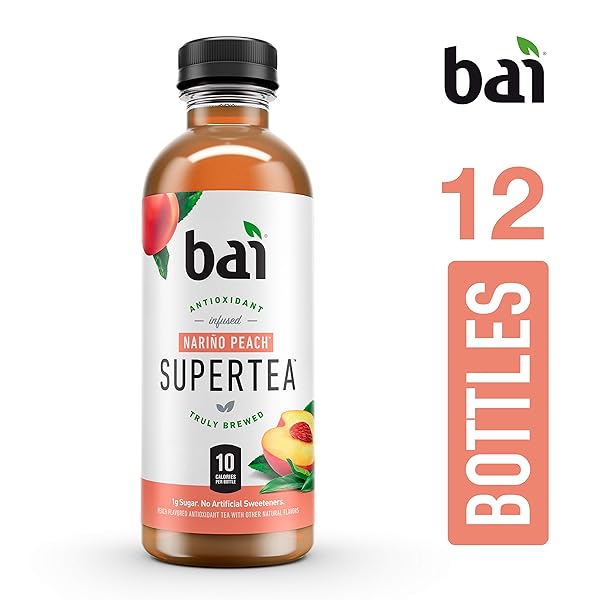 BAI ICED TEA, NARINO PEACH, ANTIOXIDANT INFUSED SUPERTEA, CRAFTED WITH REAL TEA (BLACK TEA, WHITE TEA), 18 FLUID OUNCE BOTTLES, 12 COUNT