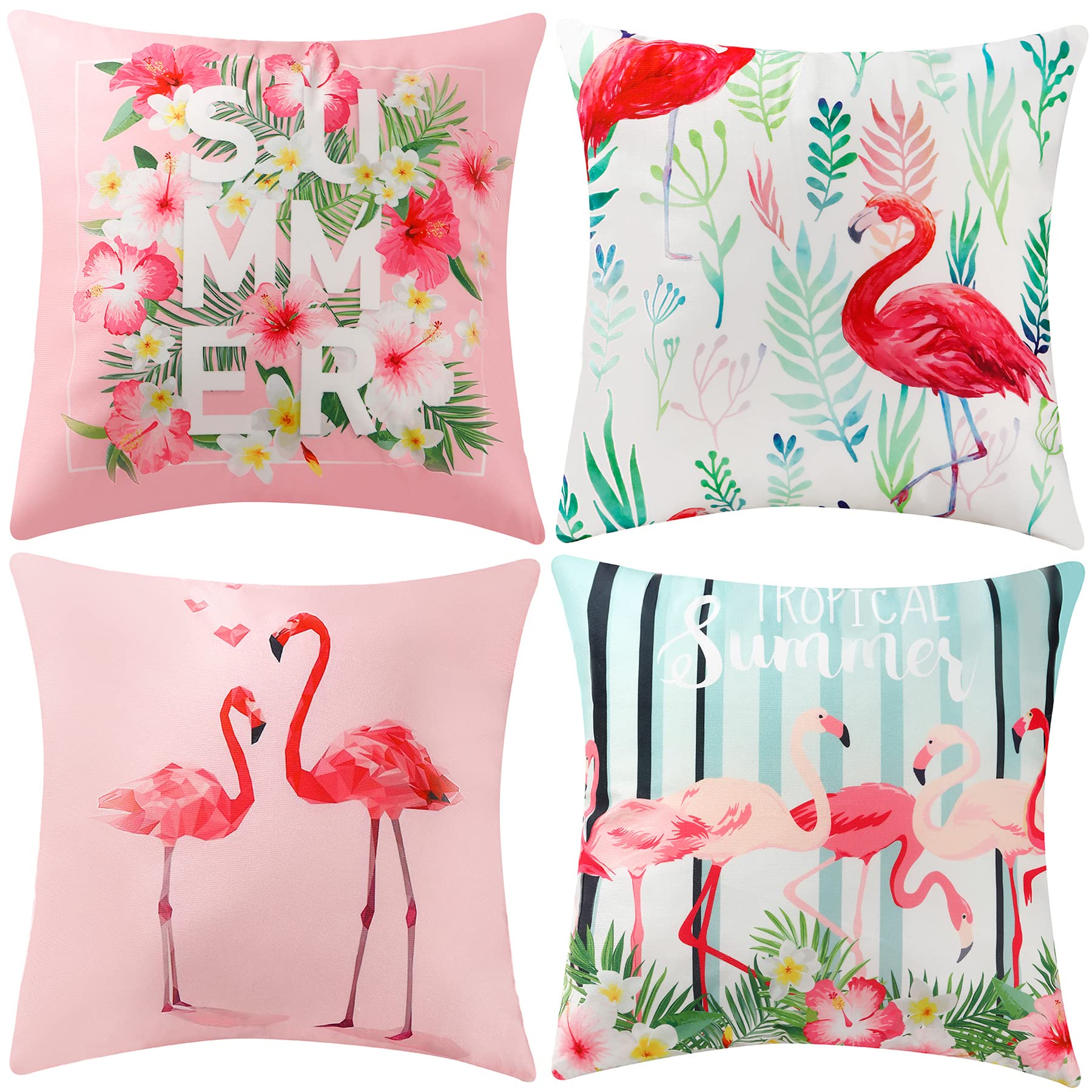 EURhine 4 Pcs Flamingo Throw Pillow Covers Decorative Pink Bird Pillowcases Tropical Leaves Cushion Covers for Sofa Couch Summer Holiday Home Decor