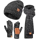 Winter Hat Gloves Scarf Set for Men Women, Mens Beanie Long Scarf Touchscreen Gloves for Cold Weather, 3 in 1 Warm Gift Set