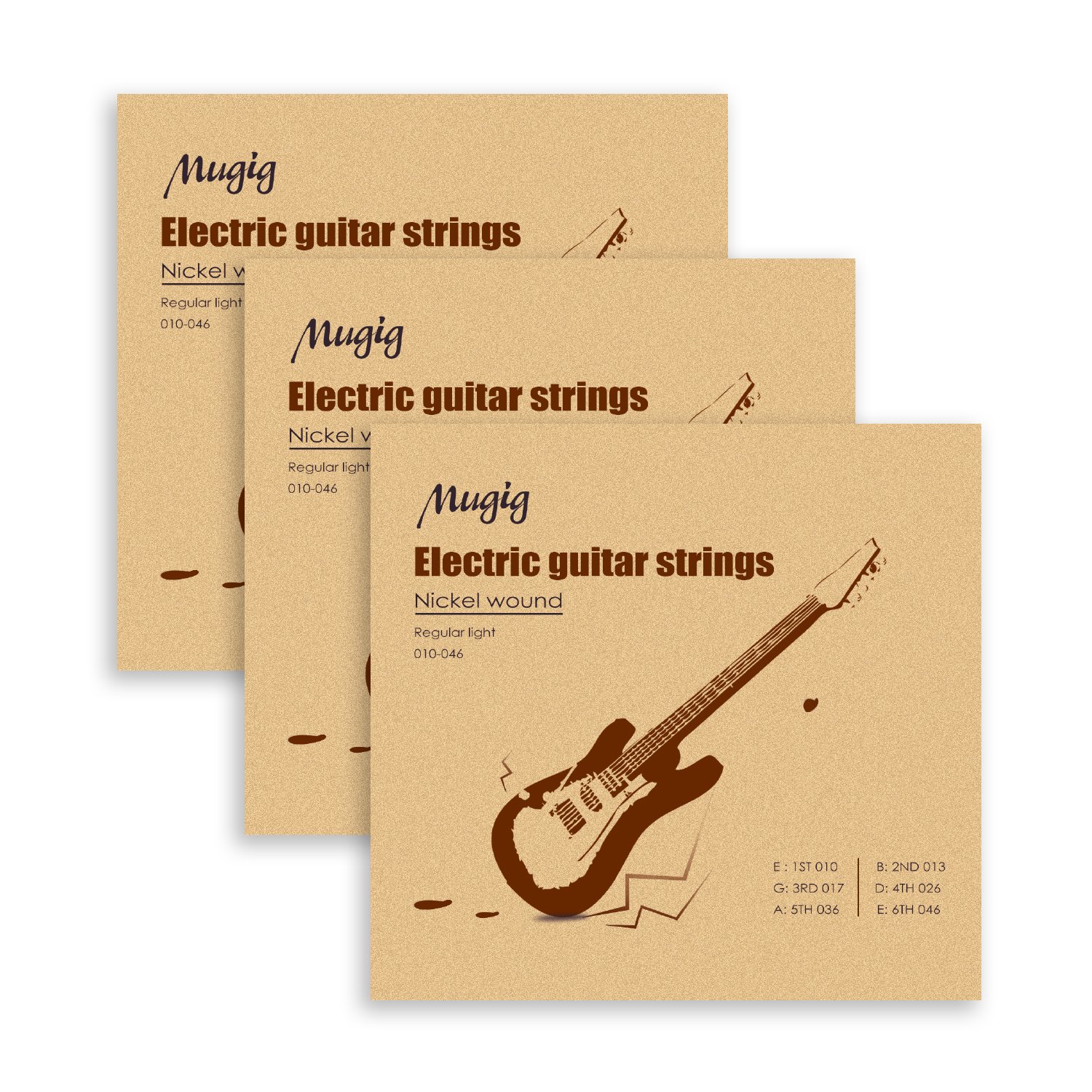 Mugig Electric Guitar Strings in Nickel-plated alloy wire + stainless steel hexagonal core for Electric Guitar, 010-046 Package of 3 Packs