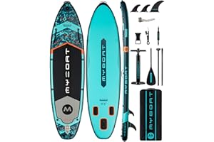 MYBOAT 11'6"×34"×6" Extra Wide Inflatable Paddle Board, Stand Up Paddle Board for Fishing, Sup Board with 3 Removable Fins, Dual Bungees, Camera Mount, Hand Pump, Strong Paddle, 5L Dry Bag, Leash