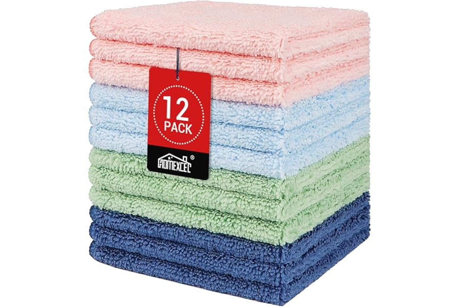 HOMEXCEL Microfiber Washcloths 12 Pack, Highly Absorbent and Soft Face Towel, Multi-Purpose Wash Cloths for Bathroom, Gym, Hotel, Spa and Kitchen, Multicolor 12×12 Inch