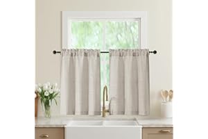 WelvetBLK Linen Kitchen Curtains 36 Inch Length 2 Panels, Light Filtering Farmhouse Faux Linen Textured Short Curtains for Windows, Small Curtain Tier for Cafe Cabinet Bathroom RV Camper, 30Wx36L Inch