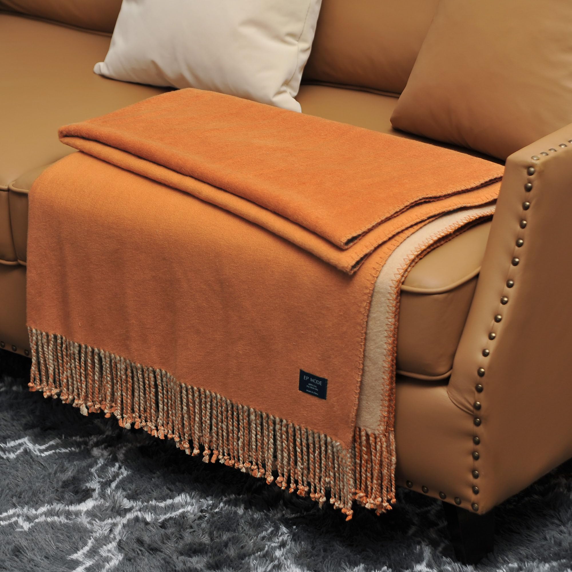 Photo 1 of EP Mode Reversible Fringed Mulberry Silk Throw Blanket for Sofa (Caramel/Beige)