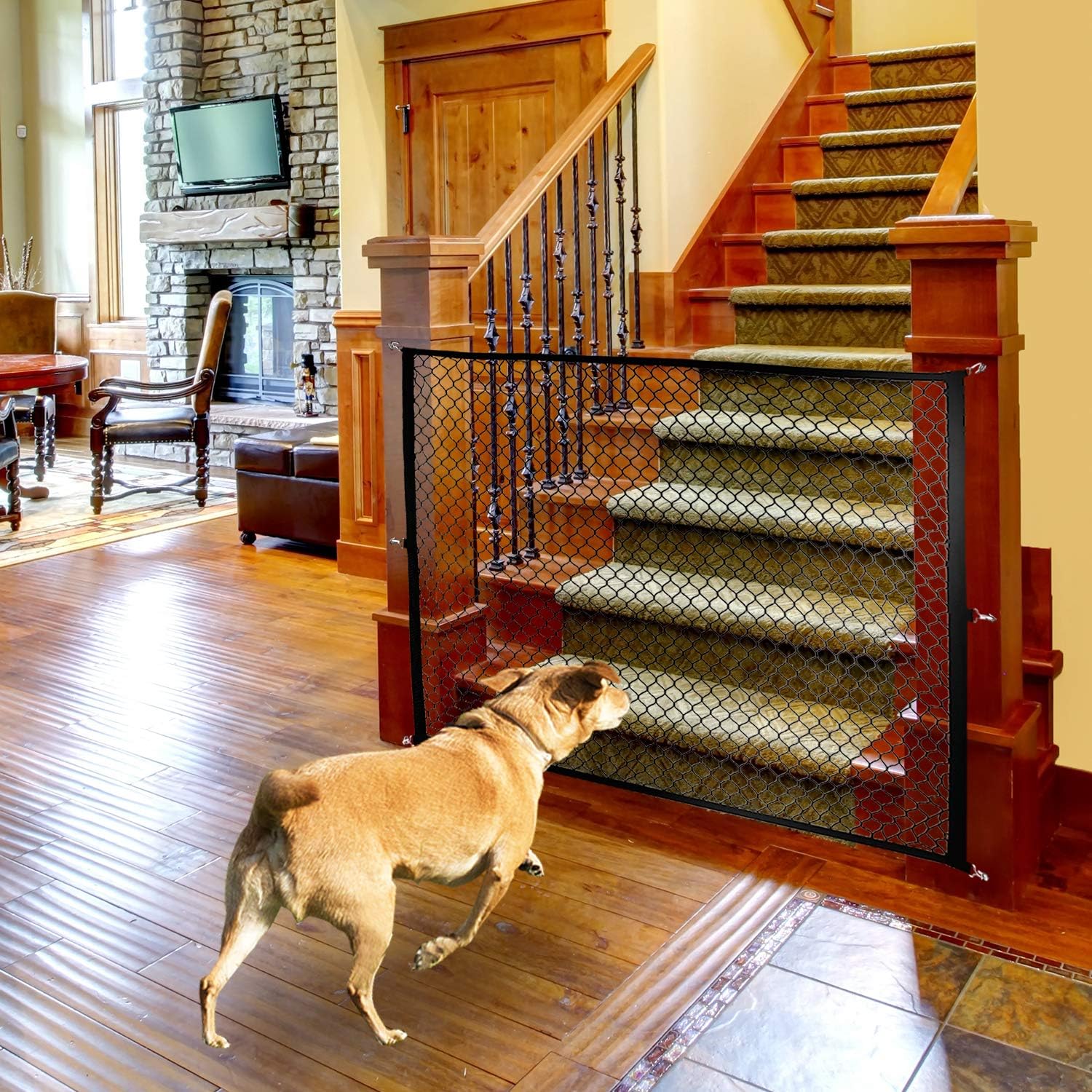 Magic Gate for Dogs, Stretchy Pet Barrier Mesh, Folding Baby Safety Fence, Portable Dog Safe Guard Enclosure for House Indoor Stair/Doorway Use, Width 43-47 Inch - Black