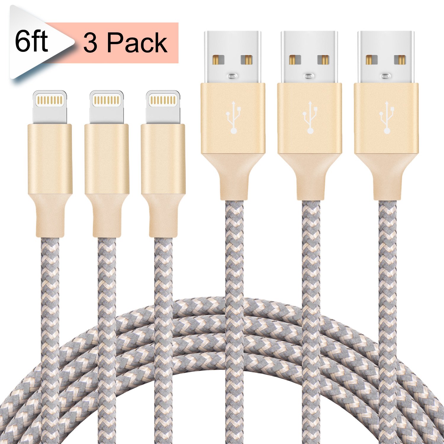 Lightning Cable, Quntis 3Pack 6FT Nylon Braided iPhone Charger Lightning to USB Cable Charging Cord for iPhone X 8 8Plus 7 7 Plus 6s 6s Plus 6 6 Plus 5 5S 5C SE and More (Champagne Gold)