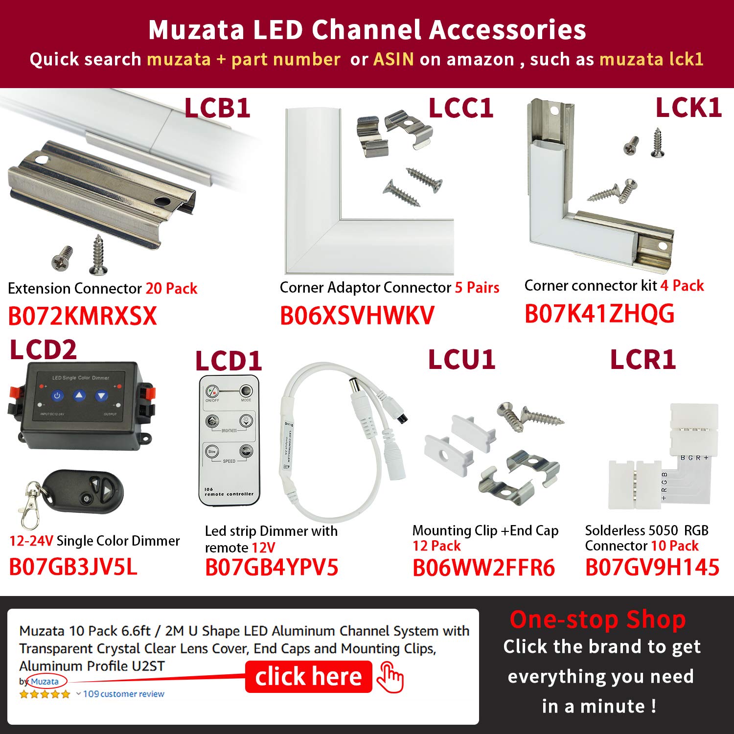 Muzata 5 PACK 1M/3.3ft Aluminum LED Channel for LED Strip Lights, Easy to Cut, U-Shape Aluminum Profile with All Accessories for Easy Installation U1SW