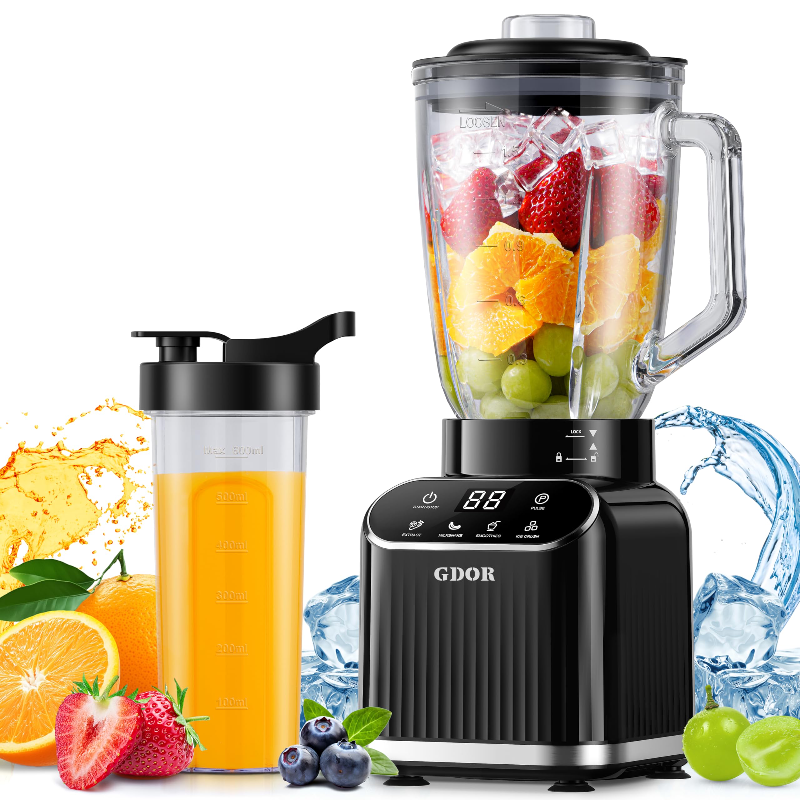 Photo 1 of GDOR Professional Blender for Smoothies, 5 Functions, 1200 Peak Watts Smoothie Blender, 52 Oz Glass Jar & 24 Oz To-Go Cup Combo, Blenders for Smoothies, Ice and Frozen Fruit, Self-Cleaning
