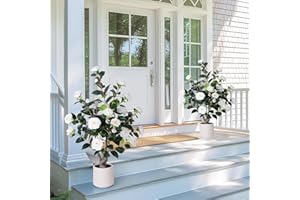 Yepdin 2 pcs Pack Artificial Camellia Tree with White Planter - 39 inch Tall Fake Tree,3.2 Ft Artificial Plants Indoor & Outdoor Housewarming Gift
