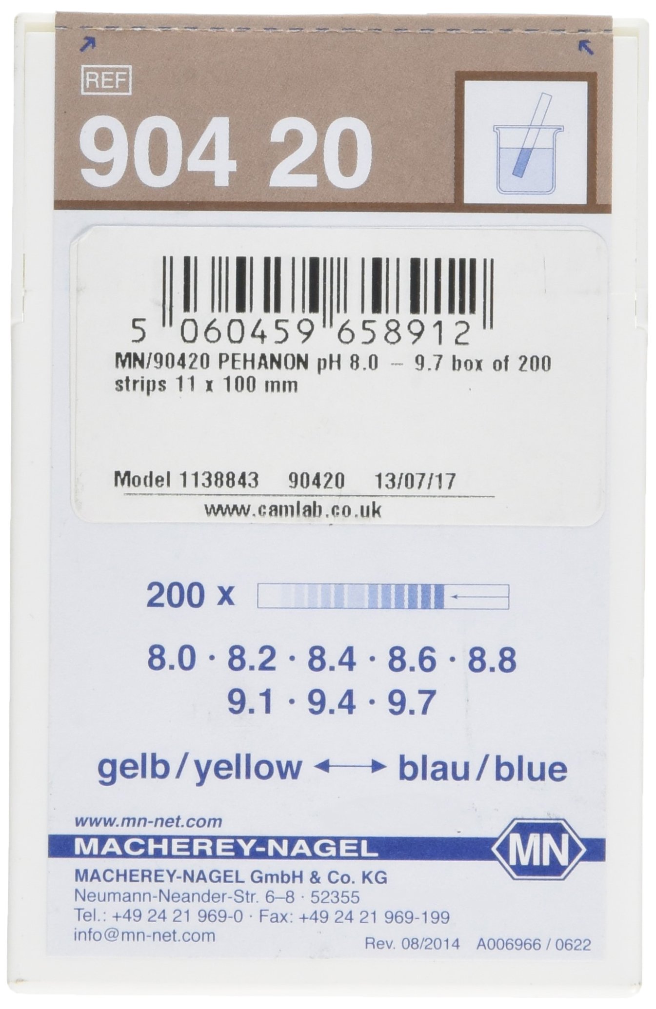 Camlab 1138843 PEHANON pH 8.0-9.7 Strip, 11 mm Length x 100 mm Width (Pack of 200) — image 1
