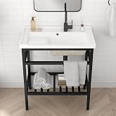 Eridanus 32x18.5 Bathroom Console Sink, Utility Laundry Sink with Washboard | Ceramic Basin, Fluted Washboard, Stainless Steel Matte Black Frame, Open Storage Shelf, Towel Bar, Adjustable Feet