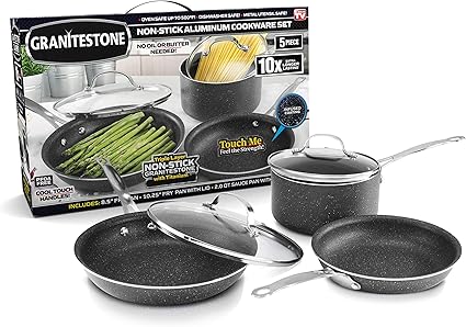 Amazon Granitestone ノンスティック調理器具5点セット 傷防止 花崗岩コーティング陽極酸化アルミニウム 食洗機対応 Pfoaフリー テレビで紹介された通り Granitestone 鍋 フライパンセット