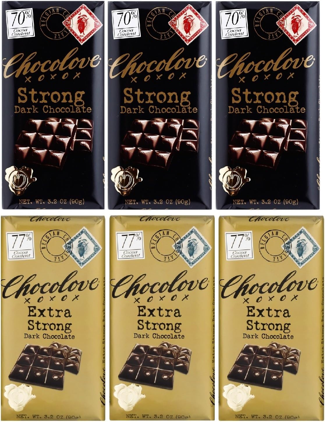 Chocolove Strong Dark chocolate, Extra Strong Dark chocolate 3.2 oz (3 bars of each flavor)