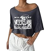 Remidoo Off Shoulder Tops for Women Oversized Tshirt Graphic Tee Baggy Short Sleeve Crop Top Grey XX-Large