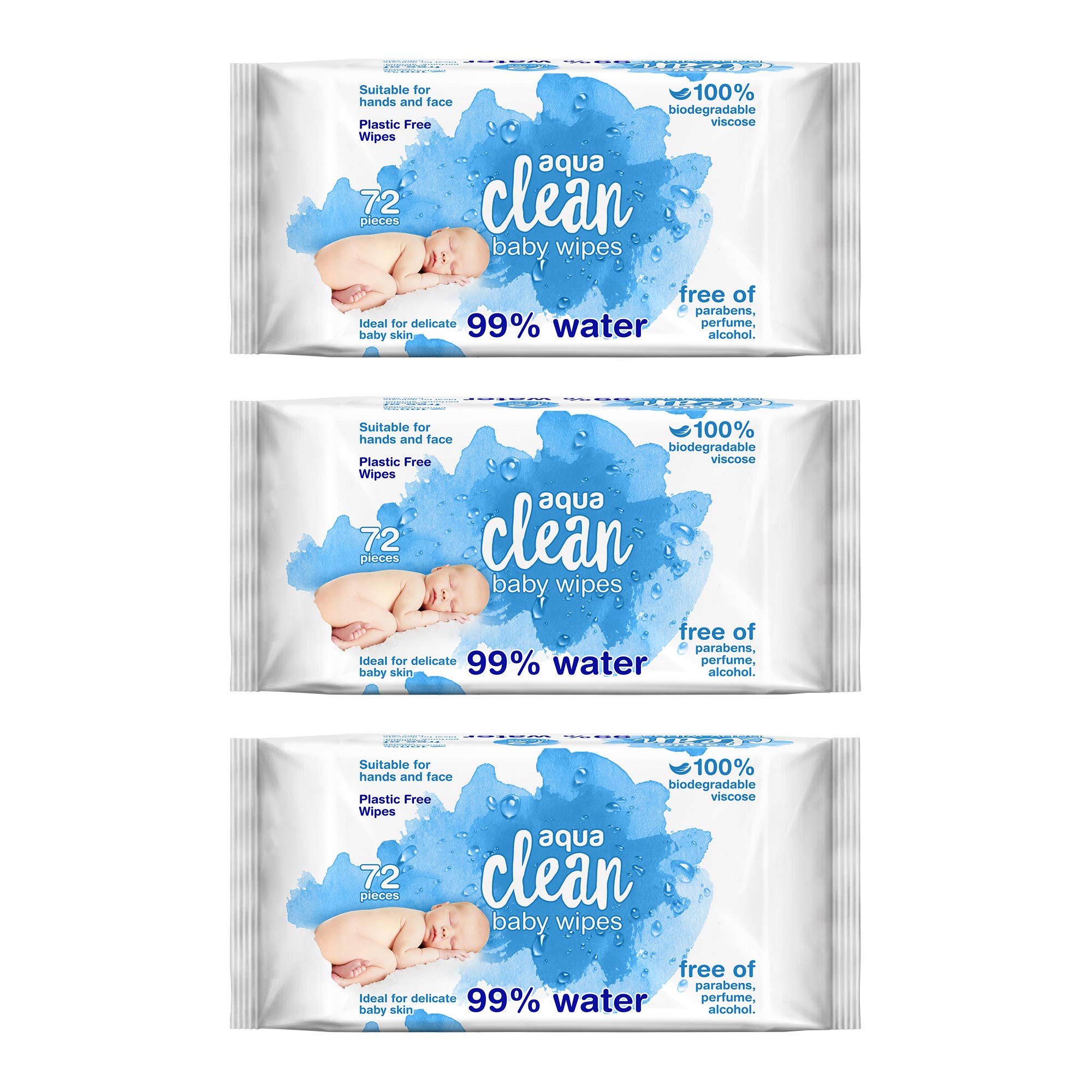 3 Pack Aqua Clean Baby Wet Wipes (72 Wipes) 99% Water 100% Biodegradable Plastic Free