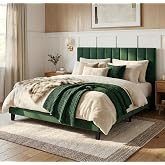 Garvee Queen Size Platform Bed Frame with Upholstered Headboard, Dark Green | Fully Velvet Upholstered Mattress Foundation with Height Adjustable Headboard, No Box Spring Needed, Easy Assembly