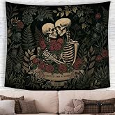 MNASAIOO Skeleton Lovers Floral Valentines Wall Tapestry Hanging for Bedroom, Vintage Gothic Skull Rose Banner Tapestries, Black Goth Wall Art Decor for Living Room Anniversary Wedding Couple 50x60in