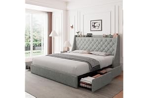 Feonase Queen Size Bed Frame with 4 Storage Drawers, Upholstered Storage Bed with Charging Station, Tufted Wingback Storage Headboard, No Box Spring Needed, Light Grey