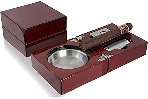 Mantello Cigars Folding Wood Cigar Ashtray Set w/ Triple Jet Flame Butane Cigarette Torch Lighter and Cutter