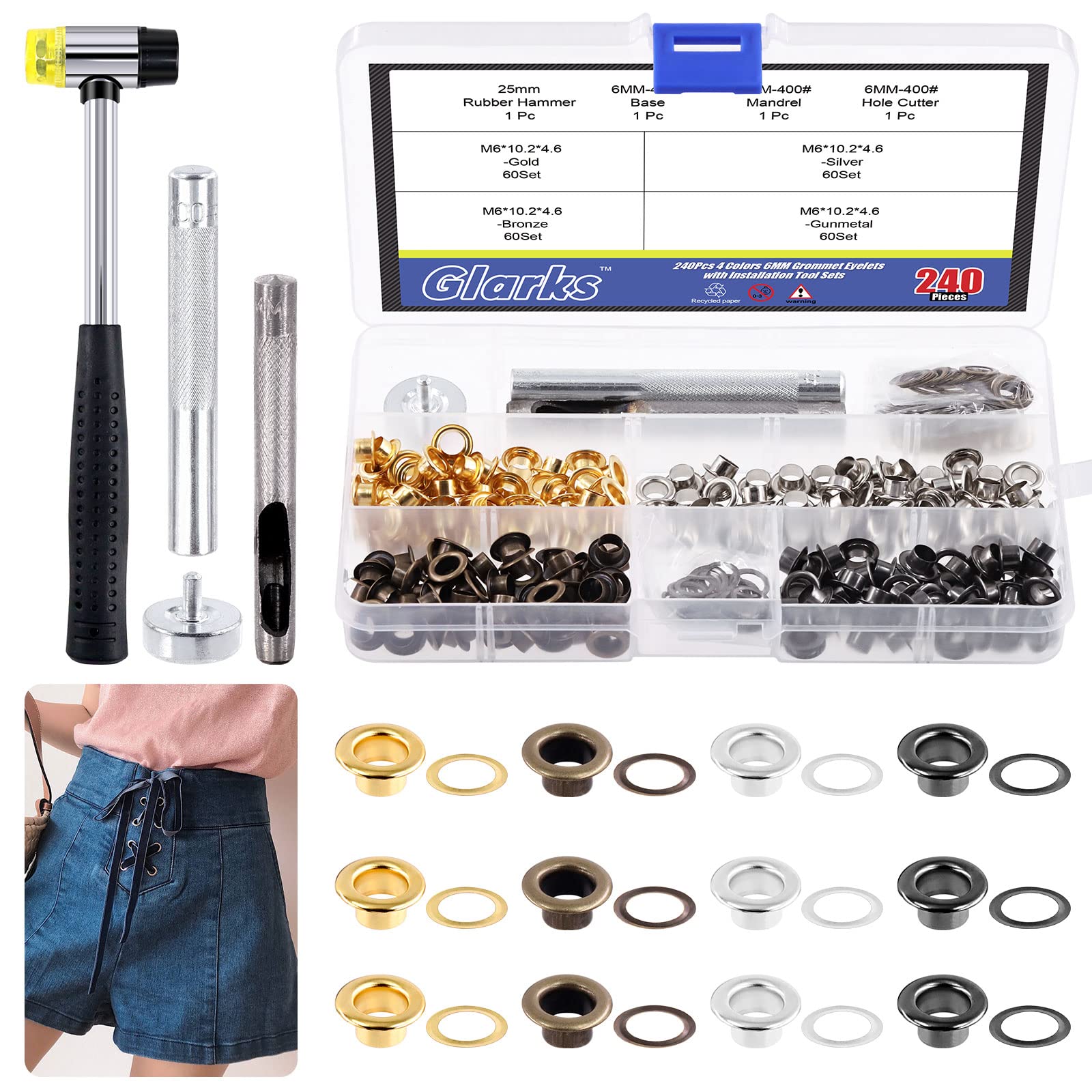 Glarks 242Pcs 6MM 4 Colors Metal Thicken Grommet Eyelets with Punch and Hammer for Canvas, Bead Cores, Tarp, Clothes
