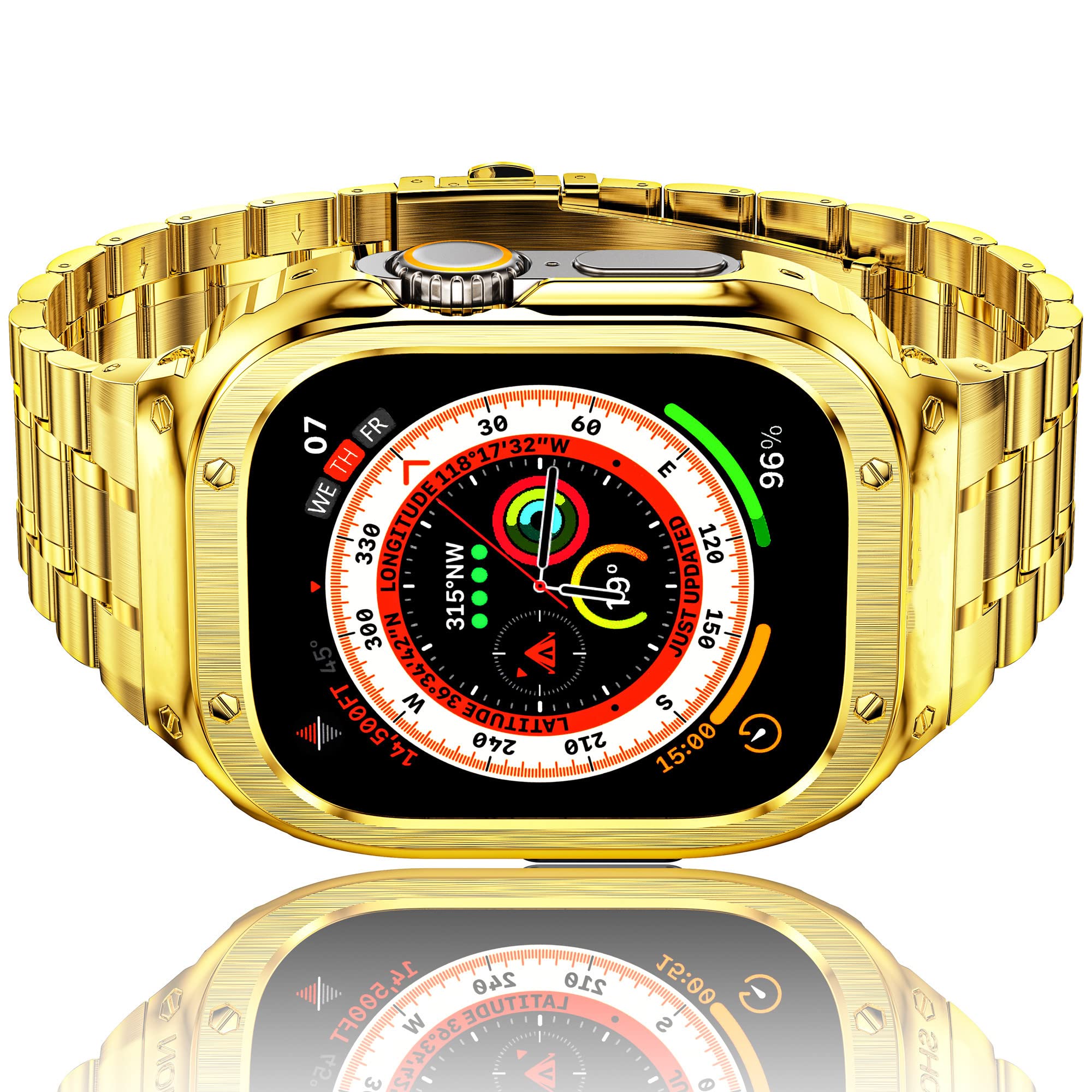 HASLFM Stainless Steel Straps with Case Compatible for Apple Watch 49mm Series Ultra 3/2/1, Rugged Metal Replacement Straps with Cover for iWatch Ultra 3/2/1 Men, Gold