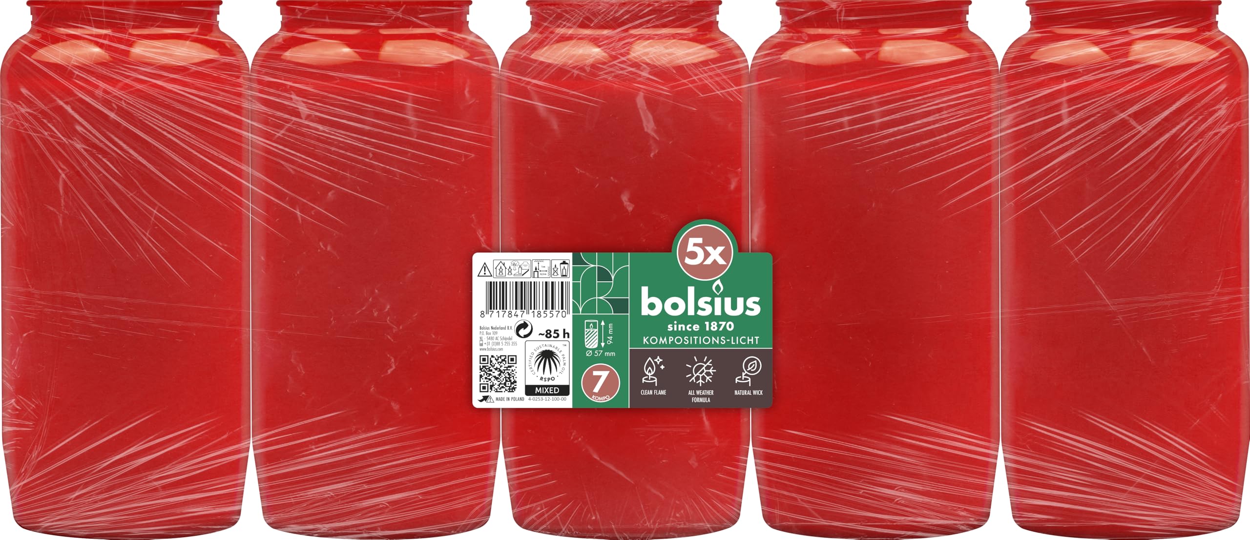 Bolsius Grave Light - Composition Light - Red - Pack of 5 - Long Burning Time 85 Hours - Funeral Candle & Memorial Candles - Clean Burning - Without Palm Oil