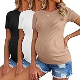 Ficerd 3 Pack Women's Maternity Shirts Short Sleeve Ribbed Pregnancy Tops Crew Neck Basic Tees Summer Mama Clothes