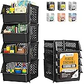 TidyFriend 4 Pack Stackable Storage Bins Open Front for Pantry Organizers and Storage, Pantry Storage for Food, Kitchen and Home Organization, Plastic Storage Bins, Dorm Room Essentials (Black)