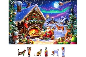 MINIWAN Christmas 500 Piece Jigsaw Puzzle for Adults - 23x15 Inch Santa Claus Reindeer Aurora Borealis Cabin with Unique Shaped Pieces, Home Decor