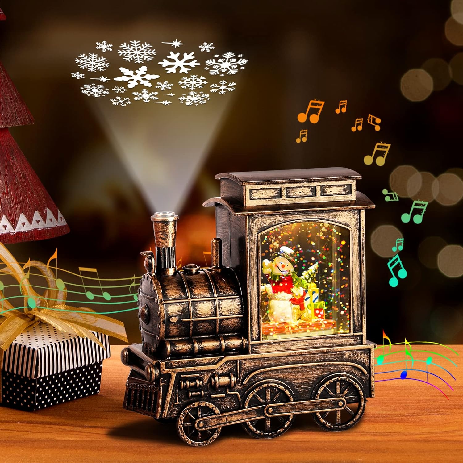 Snow Globes - FUSPWEAO Christmas Snow Globes, Vintage Musical Christmas Snow Globe Lantern with Snowflake Projection, Lighted Christmas Train Snow Globe with Snowman Water Swirling Glitter and 6H Timer, Xmas Gift