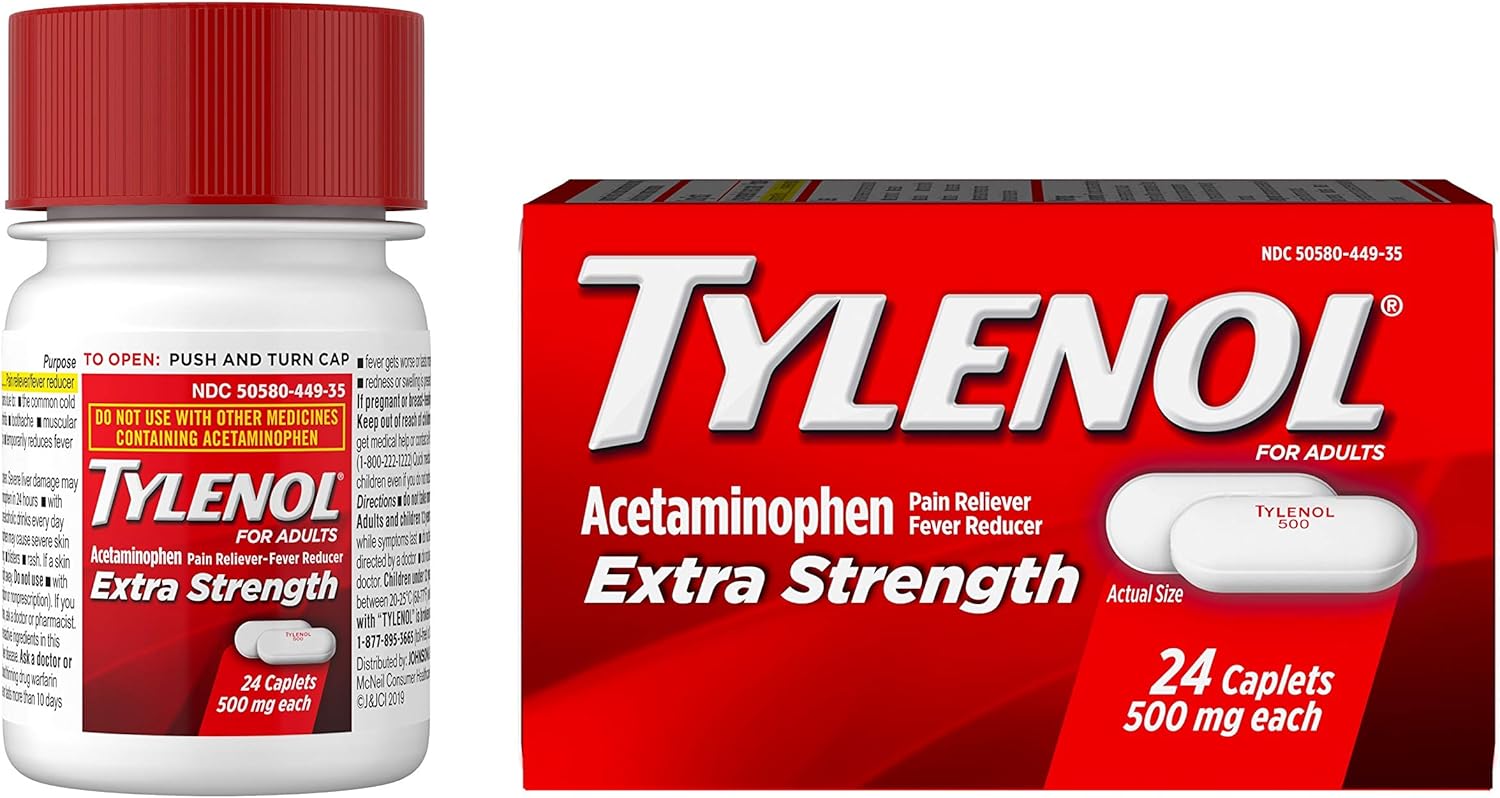 Tylenol Extra Strength Caplets with 500 mg Acetaminophen, Pain Reliever & Fever Reducer, 24 ct: Health & Personal Care