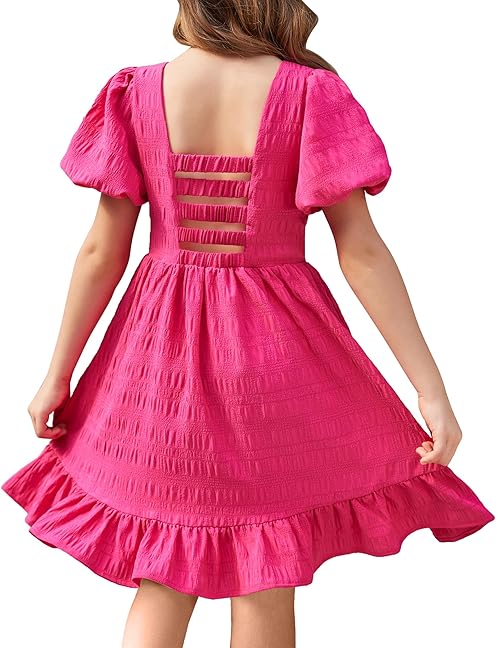 Arshiner Girls Dress Birthday Formal Special Occasion Puff Sleeve Open Back Square Neck Swing Dresses Rose Red 11-12Y
