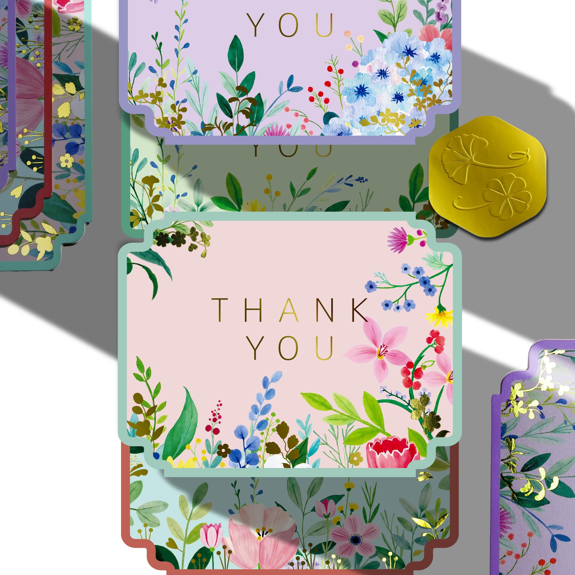 Photo 1 of 100 Floral Thank You Cards Bulk with Envelopes - 4 Die-Cut Edges, Hand-Painted Designs, Sage Green Lace-Lined Env | Baby/Bridal Shower Thank You Notes, Wedding, Birthday, Business, Party, 4.25"x5.5"