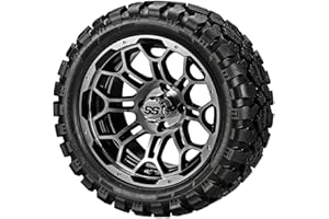 RM Cart 14" Hercules Black/Machined on a 23x10R14 Sierra Rover Radial Tire (Set of 4) | Golf Cart Tires and Wheels Combo with Standard Lug Nuts