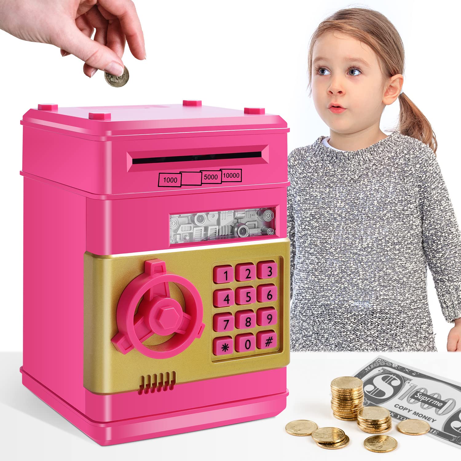GuDoQi Password Piggy Bank, Digital Electronic Money Bank, Mini ATM Cash Coin Saving Can Toys, Birthday for Kids, Rose