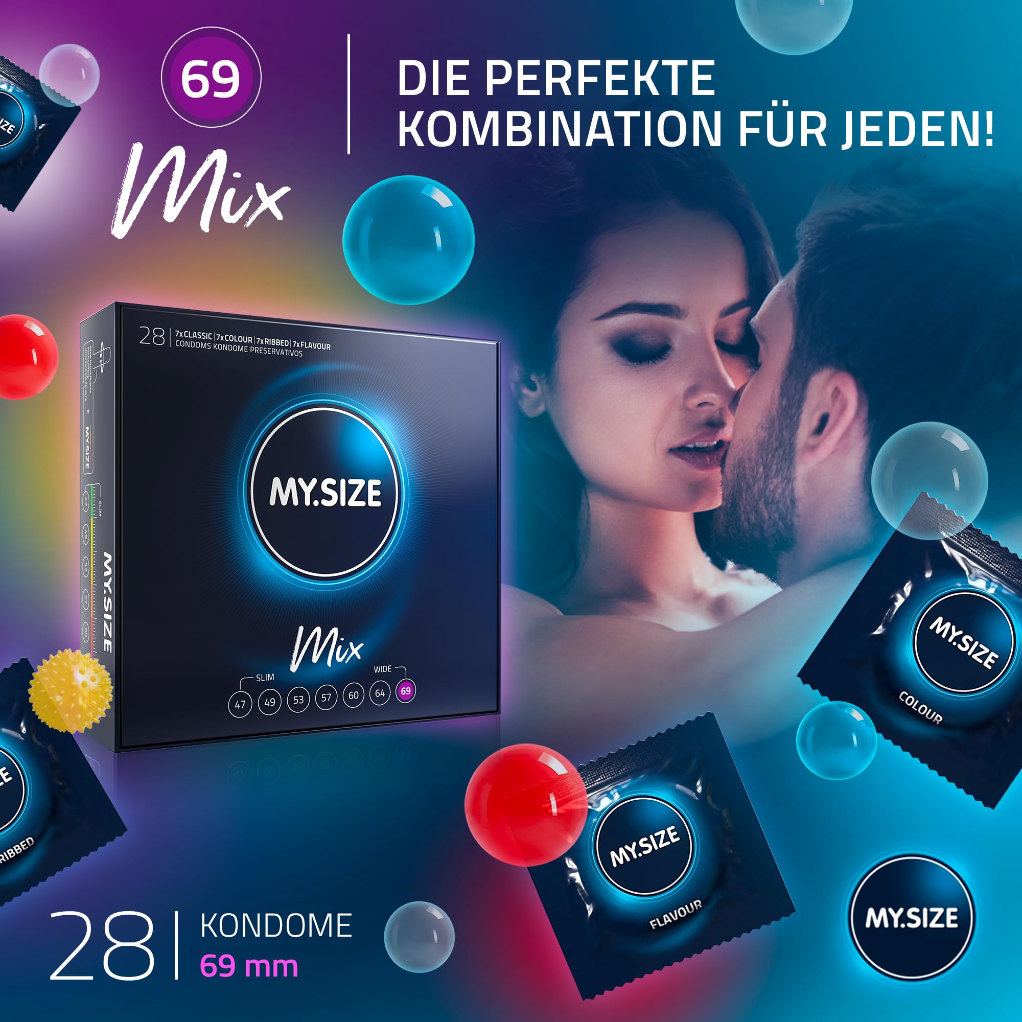 My.Size Mix Kondome Größe 7, 69 mm, Großpackung, | 28 Stück | Condome in 4 aufregenDen Sorten, mit Aroma, Farbe, Genoppt & Classic 2