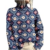 Fall Ethnic Floral Sweaters for Women Loose Ribbed Knit Turtlenrck Long Sleeve Jumper Boho Vintage Print Sweater