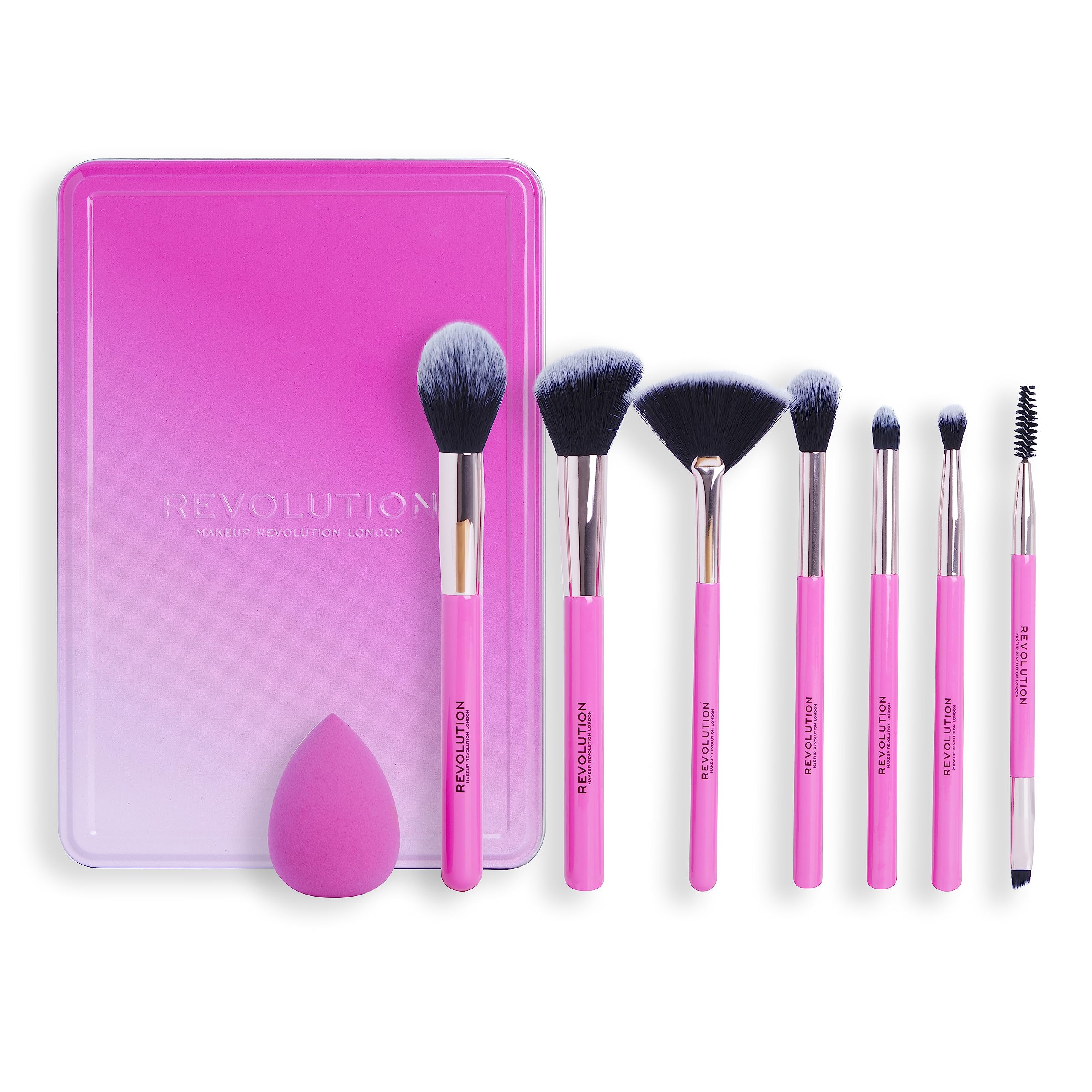 Makeup Revolution The Brush Edit Gift Set, 7 Brushes For Eyes, Highlighter & Face, 1 Sponge For Blending, 8 Products Included
